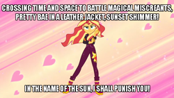 Size: 700x394 | Tagged: safe, derpibooru import, edit, edited screencap, screencap, sunset shimmer, better together, equestria girls, sunset's backstage pass!, backstage pass, caption, henshin, image macro, in the name of the moon i'll punish you, logo, pose, sailor moon, sliding background, text