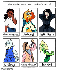 Size: 828x972 | Tagged: safe, artist:lieutenantcactus, derpibooru import, sunburst, anthro, human, lizard, pony, unicorn, animal crossing, anthro with ponies, beetlejuice, clothes, connie maheswaran, crossover, dark skin, eating, eyes closed, female, glasses, lydia deetz, male, open mouth, peridot (steven universe), six fanarts, socks (coat marking), stallion, steven universe, trail to oregon