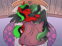 Size: 1200x900 | Tagged: safe, artist:nauticaldog, artist:skeedio, derpibooru import, oc, oc:avis domus, oc:cherry decibel, pegasus, pony, unicorn, bed, cuddling, eyes closed, female, heart, hug, lesbian, oc x oc, shipping, sleeping