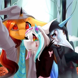 Size: 2160x2160 | Tagged: safe, artist:ellis_sunset, derpibooru import, oc, oc only, alicorn, pony, unicorn, alicorn oc, clothes, costume, halloween, hat, heterochromia, holiday, horn, jack-o-lantern, one eye closed, outdoors, plague doctor mask, pumpkin, selfie, smiling, tree, two toned wings, unicorn oc, wings, wink, witch hat