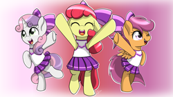 Size: 2560x1440 | Tagged: safe, artist:envygirl95, derpibooru import, apple bloom, scootaloo, sweetie belle, pony, adorabloom, bipedal, cheerleader outfit, clothes, cute, cutealoo, cutie mark crusaders, diasweetes, esophagus, eyes closed, gullet, one eye closed, open mouth, wink