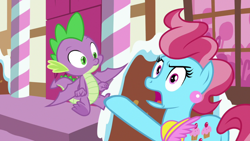 Size: 1920x1080 | Tagged: safe, derpibooru import, screencap, cup cake, spike, dragon, earth pony, the big mac question, dragon wings, earring, female, male, mare