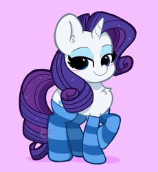 Size: 2300x2500 | Tagged: safe, artist:kittyrosie, derpibooru import, rarity, pony, unicorn, blushing, chest fluff, clothes, cute, ear fluff, female, high res, mare, pink background, raribetes, simple background, socks, solo, striped socks