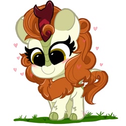 Size: 1255x1253 | Tagged: safe, artist:kittyrosie, autumn blaze, kirin, awwtumn blaze, blushing, chibi, cute, female, grass, heart, kittyrosie is trying to murder us, mare, simple background, smiling, solo, white background