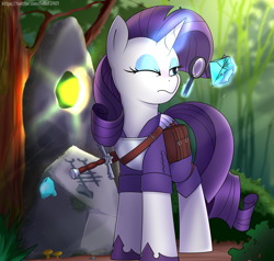 Size: 5000x4754 | Tagged: safe, artist:feital-zebra, rarity, pony, unicorn, absurd resolution, armor, bag, female, forest, gem, looking closely, magic, magnifying glass, mare, one eye closed, rock, saddle bag, signature, solo, sword, telekinesis, weapon