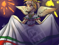 Size: 960x720 | Tagged: safe, artist:beyond to the inside, derpibooru import, oc, oc:tailcoatl, anthro, pegasus, clothes, dress, fireworks, mexican, mexican independence day, mexico, night, regional suit, september 16th, solo, wings