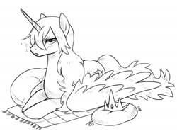 Size: 2000x1539 | Tagged: safe, artist:aritimas, derpibooru import, oc, oc only, alicorn, pony, alicorn oc, crown, cushion, female, grayscale, horn, jewelry, lying down, mare, monochrome, prone, regalia, sleepy, solo, wings