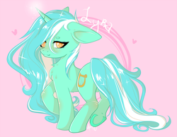 Size: 4500x3500 | Tagged: safe, artist:amywhandicy, derpibooru import, lyra heartstrings, pony, unicorn, female, floppy ears, glowing horn, heart, horn, long mane, looking at you, mare, pink background, signature, simple background, smiling, solo