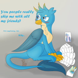 Size: 2449x2449 | Tagged: safe, artist:shinxx24, derpibooru import, gallus, griffon, blushing, breaking the fourth wall, gallus gets all the creatures, gallus gets all the mares, implied shipping, male, sitting, solo, student six omniship