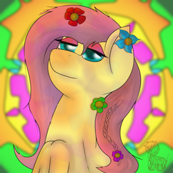 Size: 3000x3000 | Tagged: safe, artist:shinxx24, derpibooru import, fluttershy, pegasus, pony, female, flower, flower in hair, flutterhigh, high, implied drug use, mare, psychedelic, solo