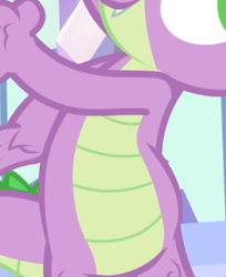 Size: 416x511 | Tagged: safe, derpibooru import, screencap, spike, dragon, equestria games (episode), belly, cropped, pictures of bellies, smiling, solo