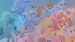 Size: 1920x1080 | Tagged: safe, derpibooru import, screencap, apple juice (character), cherry lemonade, confetti party, dawn droplet, meadow bloom, stargazer (character), thistle rain, earth pony, pegasus, pony, unicorn, rainbow roadtrip, autumn saffron, background pony, bridle wreath, bright vision, colt, crowd, crystal gaze, female, filly, happy, harvest spice, hydrangea (character), jasmine breeze, lockpick (character), looking up, male, mare, pastelia, periwinkle breeze, petal shower, puppy love (character), quiet paws, rich harvest, rose honey, stallion, summer melon, unnamed character, unnamed pony