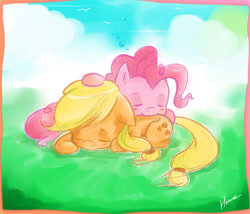 Size: 700x600 | Tagged: safe, artist:derpiihooves, derpibooru import, applejack, pinkie pie, earth pony, pony, chibi, cute, diapinkes, duo, female, jackabetes, mare, pony pile, sleeping