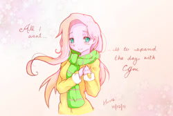 Size: 1000x673 | Tagged: safe, artist:derpiihooves, derpibooru import, fluttershy, human, clothes, faith summers, female, humanized, jacket, scarf, solo