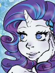 Size: 300x402 | Tagged: safe, artist:homosocks, derpibooru import, rarity, human, bust, cutie mark hair accessory, female, horn, horned humanization, humanized, no pupils, portrait, solo