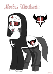 Size: 3211x4470 | Tagged: safe, artist:neoncel, derpibooru import, oc, oc:sister wisteria, demon, black sclera, blackletter, clothes, nun, reference sheet, sharp teeth, simple background, solo, stockings, teeth, thigh highs, tongue out, upside down cross, white background