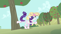 Size: 1280x720 | Tagged: safe, derpibooru import, screencap, rarity, pony, unicorn, simple ways, apple, apple tree, boots, female, hat, kicking, mare, shoes, solo, tree