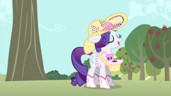 Size: 1280x720 | Tagged: safe, derpibooru import, screencap, rarity, pony, unicorn, simple ways, apple, apple tree, boots, female, hat, mare, shoes, tree