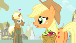 Size: 1280x720 | Tagged: safe, derpibooru import, screencap, applejack, trenderhoof, earth pony, pony, simple ways, applebutt, butt, female, glasses, male, mare, plot, stallion