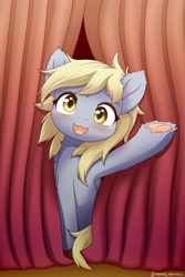 Size: 1280x1920 | Tagged: safe, artist:symbianl, derpibooru import, derpy hooves, pegasus, pony, hearth's warming eve (episode), blushing, curtains, cute, derpabetes, ear fluff, female, frog (hoof), leg fluff, looking at you, mare, neck fluff, open mouth, scene interpretation, solo, underhoof