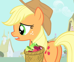 Size: 852x718 | Tagged: safe, derpibooru import, screencap, applejack, earth pony, pony, simple ways, apple, applebutt, butt, cropped, female, food, plot, solo