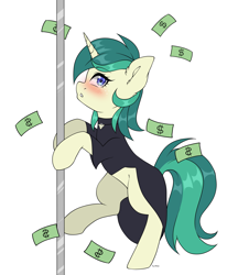 Size: 4125x5000 | Tagged: safe, artist:torihime, derpibooru import, oc, oc:spring starflower, unicorn, blushing, choker, clothes, cute, female, money, pole dancing, stripper pole, trans girl, transgender