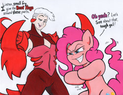 Size: 1000x766 | Tagged: safe, artist:aliciavanhammer, derpibooru import, pinkie pie, earth pony, pony, claws, crossover, dialogue, female, mare, scorpia, she-ra and the princesses of power, this will end in hugs, this will end in pain and/or hugs