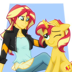 Size: 2048x2048 | Tagged: safe, artist:whitequartztheartist, derpibooru import, sunset shimmer, pony, unicorn, equestria girls, female, human ponidox, looking at each other, mare, one eye closed, petting, self ponidox, smiling