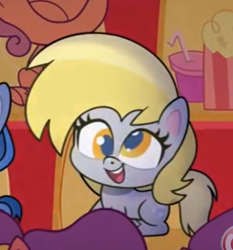 Size: 534x573 | Tagged: safe, derpibooru import, screencap, derpy hooves, pegasus, pony, my little pony: pony life, sportacular spectacular musical musak-ular, animation error, cropped, female, mare, sitting, smiling, solo focus, we shine brighter together, wingless