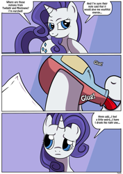 Size: 479x677 | Tagged: safe, artist:ltcolonelwhipper, artist:rex-equinox, derpibooru import, rarity, pony, unicorn, comic:coming of age, age progression, bottle, comic, commission, confused, drinking, female, looking sideways, mare, note, onomatopoeia, open mouth, potion, raised hoof, smiling, solo, speech bubble, story included, transformation, transformation sequence