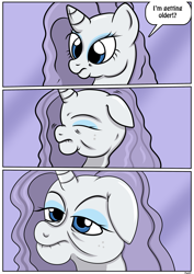 Size: 2480x3507 | Tagged: safe, artist:ltcolonelwhipper, artist:rex-equinox, derpibooru import, rarity, pony, unicorn, comic:coming of age, age progression, comic, commission, elderly, eyes closed, female, floppy ears, grey hair, high res, lidded eyes, liver spots, mare, old, older, older rarity, solo, speech bubble, story included, transformation, transformation sequence, wrinkles