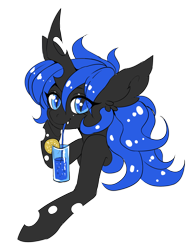 Size: 1408x1808 | Tagged: safe, artist:pony straponi, derpibooru import, oc, oc only, oc:blue visions, changeling, changeling queen, blue changeling, bust, changeling oc, changeling queen oc, colored, drinking, drinking straw, female, flat colors, portrait, simple background, solo, transparent background