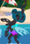 Size: 760x1115 | Tagged: safe, artist:evilfrenzy, derpibooru import, queen chrysalis, changeling, changeling queen, alternate hairstyle, beach, clothes, cropped, cute, cutealis, eyes closed, female, hair bun, mare, one-piece swimsuit, open mouth, open smile, rearing, show accurate, smiling, swimsuit