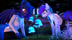 Size: 1920x1080 | Tagged: safe, artist:anthroponiessfm, derpibooru import, oc, oc:aurora starling, oc:wavelength, anthro, bat pony, 3d, anthro oc, bat pony oc, bat wings, breasts, clothes, cute, female, flower, forest, glasses, glow, night, source filmmaker, sweater, wings