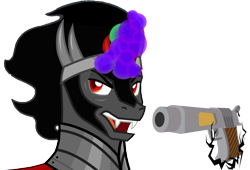 Size: 1219x828 | Tagged: safe, artist:background-conquerer, derpibooru import, edit, king sombra, unicorn, delet this, gun, handgun, horn, magic, male, pistol, simple background, solo, transparent background, vector, vector edit, weapon