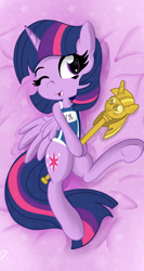 Size: 1024x1921 | Tagged: safe, artist:zemtell, derpibooru import, part of a set, twilight sparkle, twilight sparkle (alicorn), alicorn, pony, adorasexy, body pillow, clothes, cute, dakimakura cover, female, head turn, holding, looking at you, lying down, mare, on back, on side, one eye closed, open mouth, scepter, school swimsuit, sexy, smiling, solo, spread wings, swimsuit, twiabetes, twilight scepter, wings, wink, winking at you