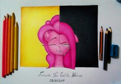 Size: 1810x1260 | Tagged: safe, alternate version, artist:fernandojc-draftsman, derpibooru import, pinkie pie, earth pony, pony, bust, colored, crying, duality, eyes closed, female, floppy ears, mare, pinkamena diane pie, signature, smiling, split screen, traditional art, two sides