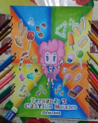 Size: 720x900 | Tagged: safe, alternate version, artist:fernandojc-draftsman, derpibooru import, pinkie pie, equestria girls, candy, clothes, colored, female, food, smiling, solo, traditional art