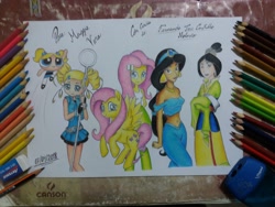 Size: 4128x3096 | Tagged: safe, alternate version, artist:fernandojc-draftsman, derpibooru import, fluttershy, human, pegasus, pony, equestria girls, aladdin, bubbles (powerpuff girls), clothes, colored, crossover, female, human ponidox, mulan, princess jasmine, self ponidox, signature, smiling, the powerpuff girls, traditional art