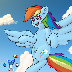 Size: 4000x4000 | Tagged: safe, artist:yelowcrom, derpibooru import, rainbow dash, pegasus, pony, ear fluff, female, looking at you, mare, sky, wings