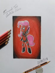 Size: 1280x1707 | Tagged: safe, artist:fernandojc-draftsman, derpibooru import, pinkie pie, earth pony, pony, bipedal, clothes, costume, deadpool, female, mare, signature, solo, sword, traditional art, weapon