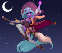 Size: 3500x3000 | Tagged: safe, artist:skitsroom, derpibooru import, oc, oc only, oc:eleane tih, anthro, pony, unicorn, anthro oc, boots, broom, clothes, crescent moon, female, flying, flying broomstick, halloween, high heel boots, high heels, high res, holiday, horn, knee-high boots, magic, mare, moon, open mouth, shoes, solo, stars, unicorn oc, witch