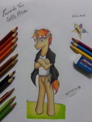 Size: 1536x2048 | Tagged: safe, artist:fernandojc-draftsman, derpibooru import, oc, semi-anthro, unicorn, clothes, crossed arms, horn, signature, solo, traditional art, unicorn oc