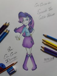 Size: 1536x2048 | Tagged: safe, artist:fernandojc-draftsman, derpibooru import, rarity, equestria girls, boots, clothes, cutie mark, cutie mark on clothes, female, grin, hand on hip, high heel boots, shoes, signature, skirt, smiling, solo, traditional art