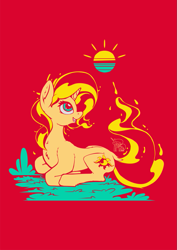 Size: 935x1323 | Tagged: safe, artist:calena, derpibooru import, sunset shimmer, pony, colored, female, flat colors, grass, limited color, limited palette, lying down, red background, simple background, solo