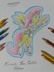 Size: 1280x1707 | Tagged: safe, artist:fernandojc-draftsman, derpibooru import, fluttershy, pegasus, pony, crossover, female, mare, pegasus seiya, rearing, saint seiya, signature, solo, traditional art