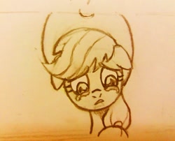 Size: 1080x873 | Tagged: safe, alternate version, artist:fernandojc-draftsman, derpibooru import, part of a set, applejack, earth pony, pony, bust, crying, female, floppy ears, hat, lineart, mare, monochrome, sad, solo, traditional art