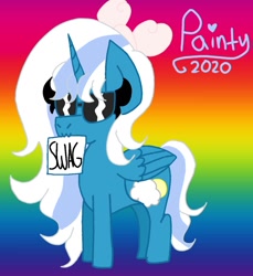 Size: 1097x1200 | Tagged: safe, artist:curvypaintbrushchild, derpibooru import, oc, oc only, oc:fleurbelle, alicorn, alicorn oc, bow, cute, female, gradient background, hair bow, horn, mare, mouth hold, rainbow background, sign, solo, sunglasses, swag, wings