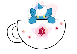 Size: 1266x898 | Tagged: safe, artist:ktheblobartist, derpibooru import, oc, oc:fleurbelle, alicorn, pony, alicorn oc, blushing, bow, chibi, cup, cup of pony, female, flower, hair bow, horn, mare, micro, simple background, teacup, transparent background, wings
