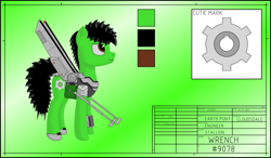 Size: 1191x696 | Tagged: safe, artist:zocidem, derpibooru import, oc, oc:wrench, earth pony, pony, armor, artificial wings, augmented, cutie mark, digital art, harness, mechanical wing, reference sheet, solo, tack, wings